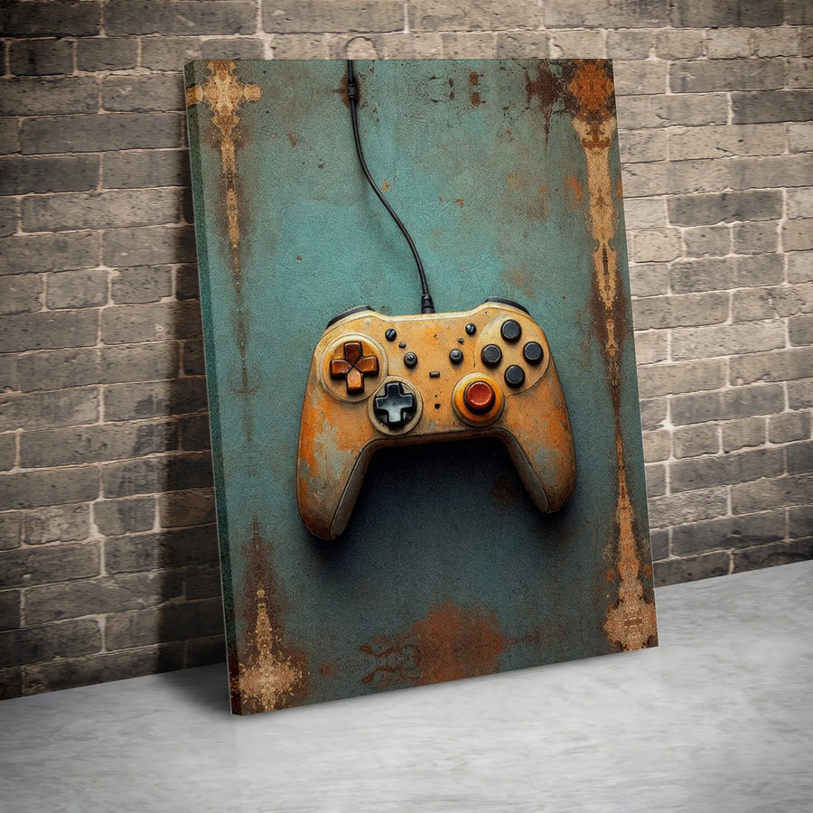 Vintage Video Game Controller Canvas Wall Art | Rusted Industrial Aesthetic | Premium Fade-Resistant Print | Gamer Room Decor Gift