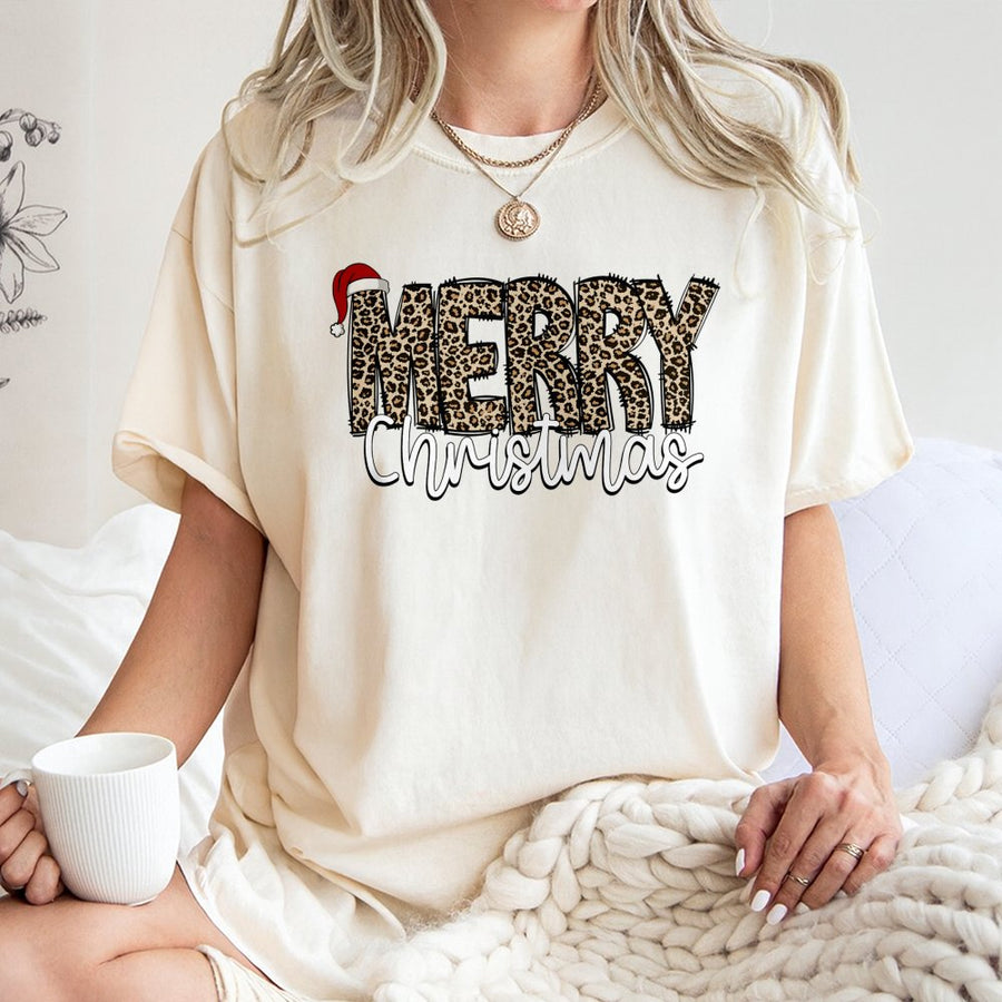 Merry Christmas Leopard Print T-Shirt | Santa Hat Graphic Design | 100% Cotton Premium Tee | Festive Holiday Gift for Women and Men