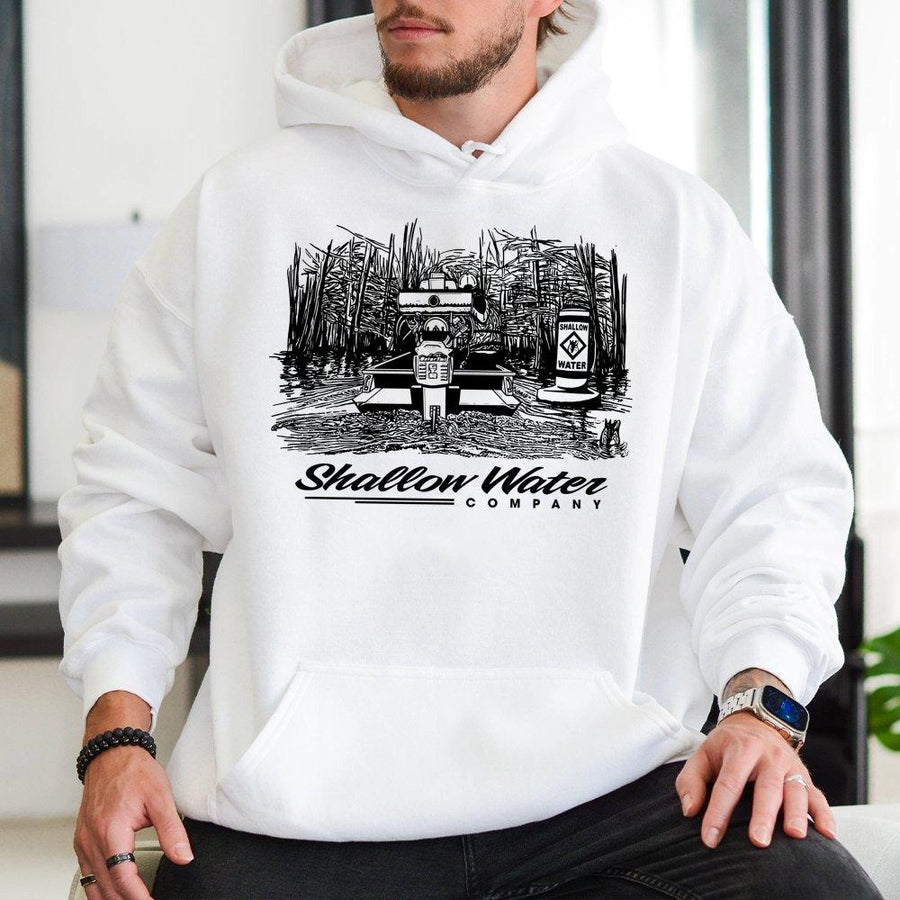 Shallow Water Fishing Hoodie | Swamp Boat Graphic Design | Premium Cotton Blend Apparel | Outdoor Lifestyle Gift for Boaters & Anglers