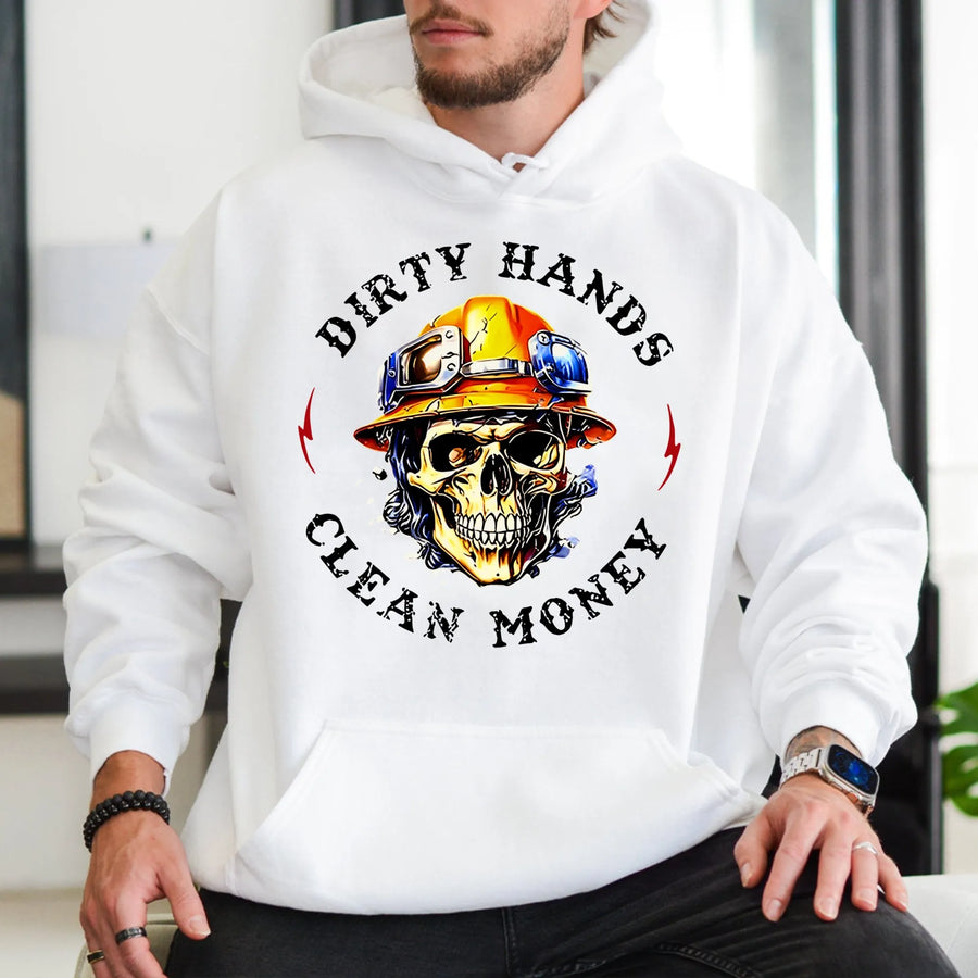 Dirty Hands Clean Money Hoodie | Skull Construction Worker Graphic | Premium Cotton Blend Workwear | Blue Collar Gift For Laborers