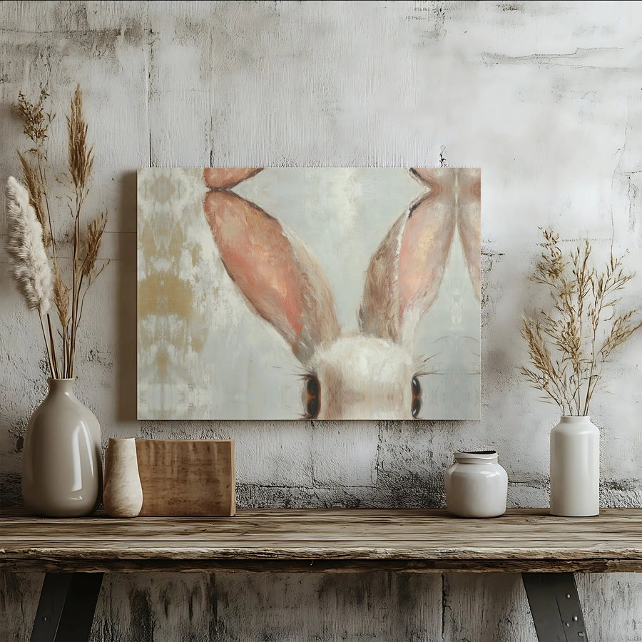 Bunny Rabbit Canvas Wall Art | Artistic Peeking Rabbit Painting | Premium Gallery Wrapped Canvas | Modern Farmhouse Nursery Decor Gift