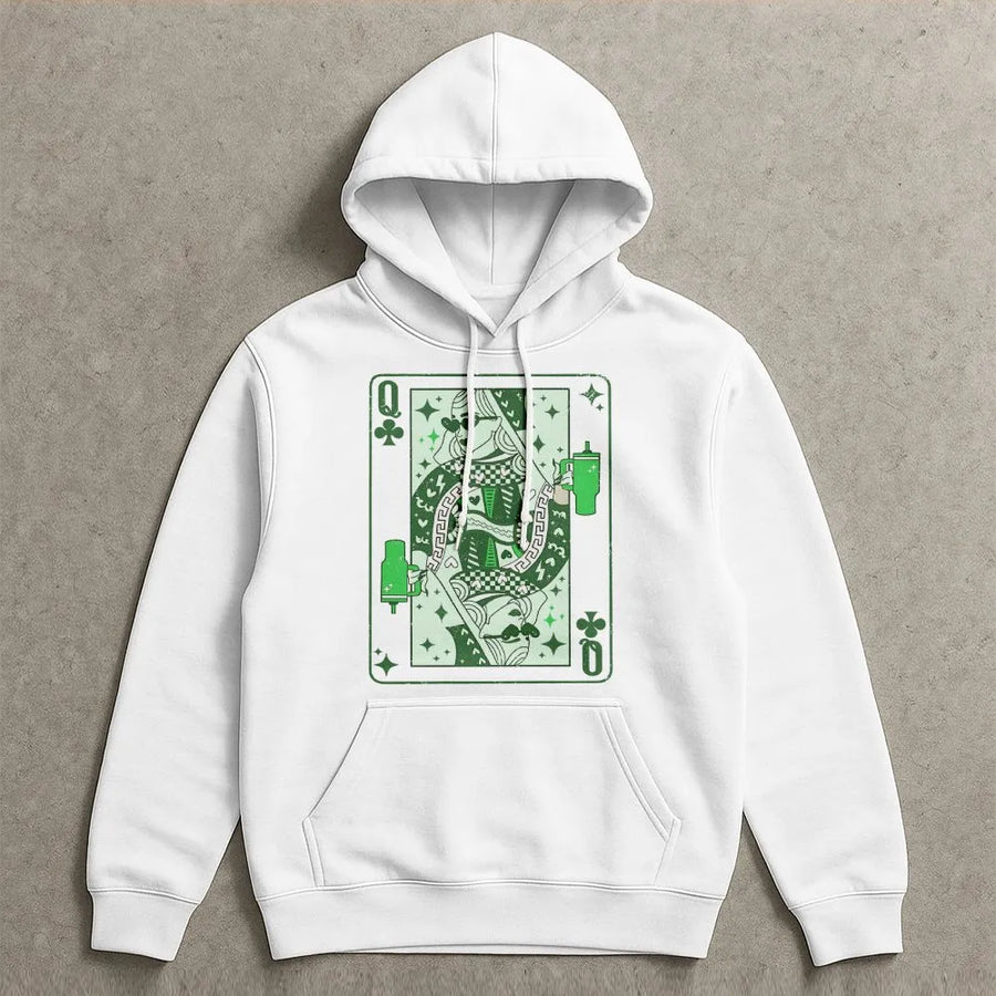 Queen of Clubs St. Patrick's Day Hoodie | Retro Playing Card Graphic | Premium Cotton Blend | Gift for Her & Pub Crawl Outfits