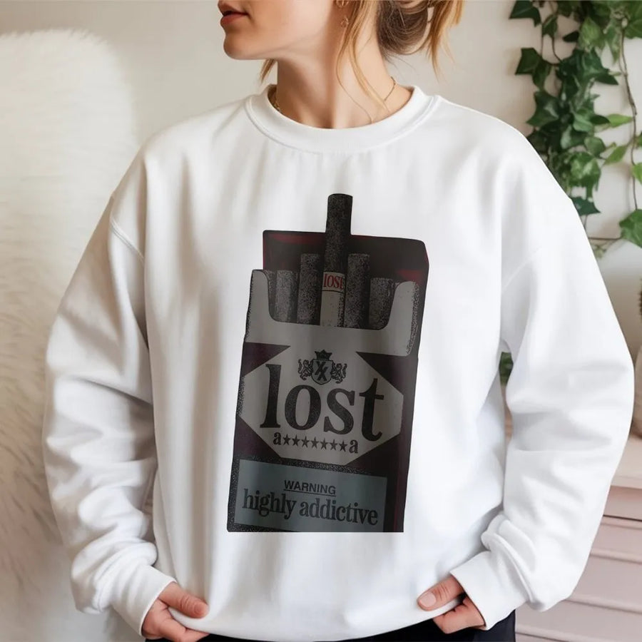 Lost Cigarette Pack Sweatshirt | Retro Graphic Streetwear Design | Premium Cotton Blend | Edgy Urban Apparel Gift For Friends