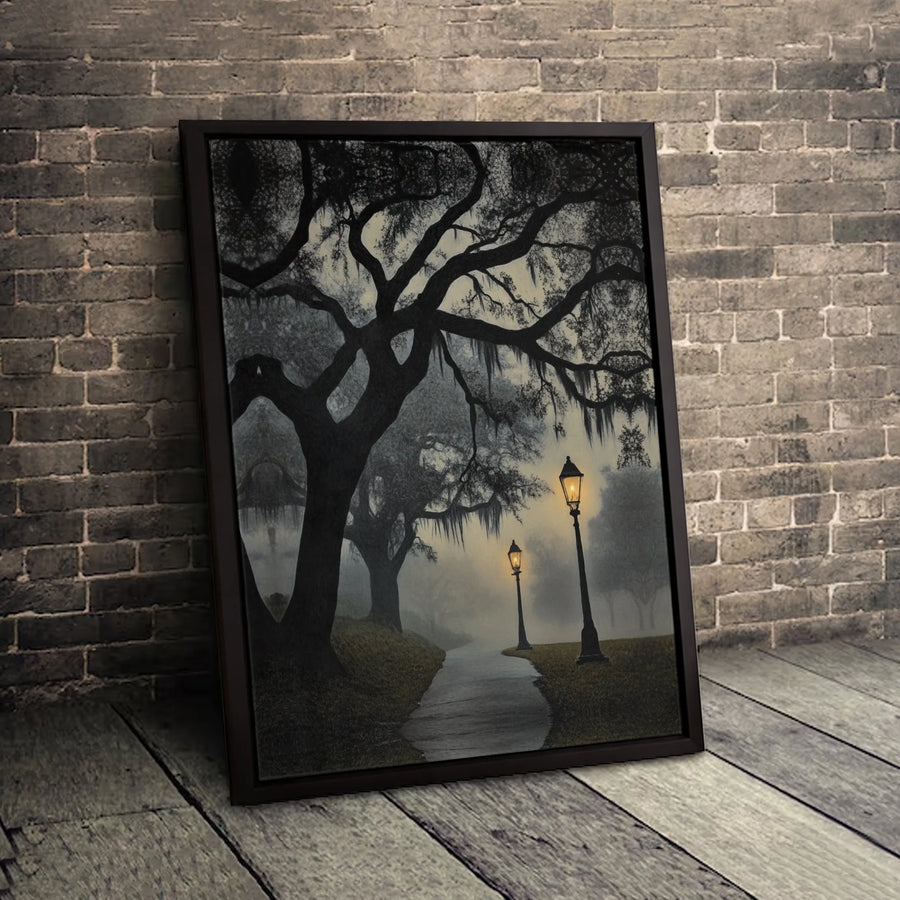 Foggy Southern Oak Tree Canvas Wall Art | Atmospheric Spanish Moss Landscape | Premium Gallery Wrap Print | Moody Home Office Decor Gift