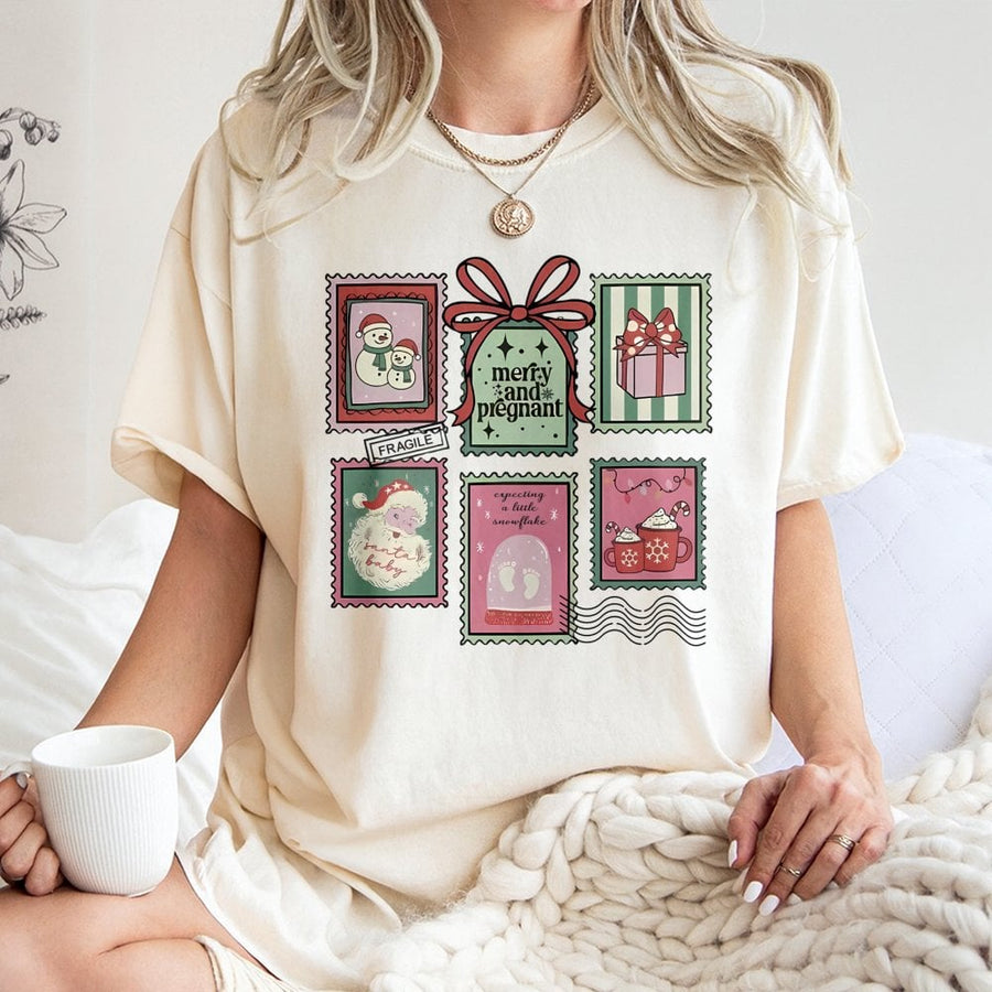 Merry and Pregnant Christmas T-Shirt | Vintage Holiday Stamp Graphic | 100% Premium Cotton | Cute Pregnancy Announcement Gift for Expecting Mom