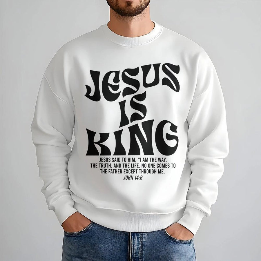 Jesus Is King Sweatshirt | John 14:6 Bible Verse Graphic | Premium Cotton Blend Crewneck | Christian Faith Apparel Gift for Men and Women