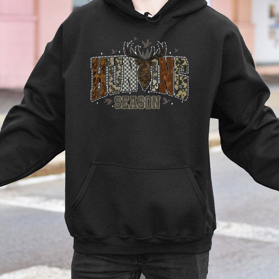 Hunting Season Hoodie | Rustic Camo Deer Antlers Graphic | Premium Cotton Blend | Gift for Outdoor Enthusiasts and Hunters