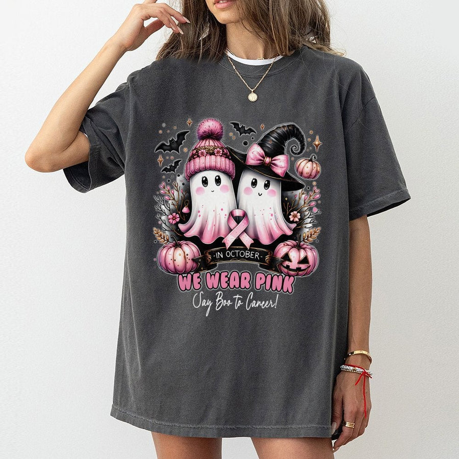 Breast Cancer Awareness T-Shirt | Say Boo To Cancer Ghost Halloween Design | Premium Soft Cotton Tee | Supportive Gift For Survivors & Fighters