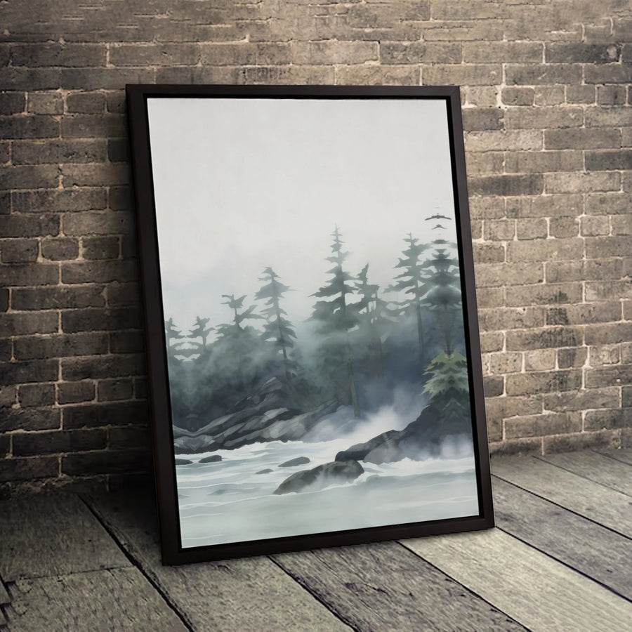 Misty Pine Forest Canvas Art | Moody Rocky Coastline Watercolor Print | Premium 1.25-inch Gallery Wrapped Wall Decor | Serene Nature Home Gift