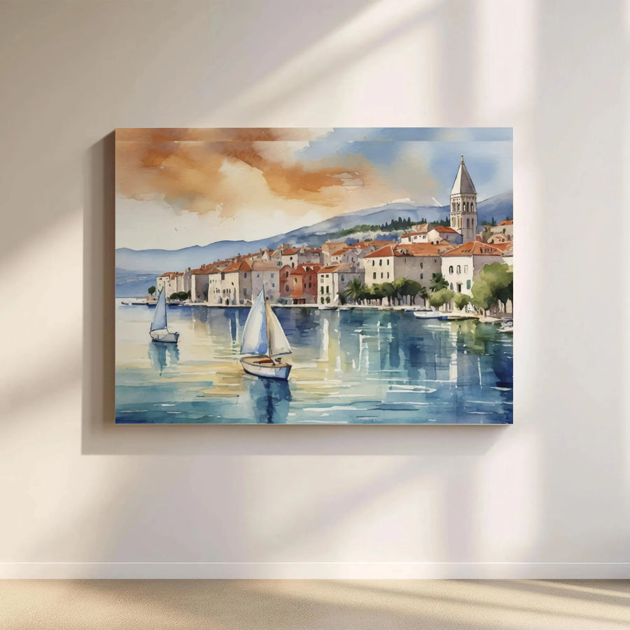 Mediterranean Coastal Town Canvas Print | Watercolor Sailboat Harbor Art | Gallery-Quality 1.25" Thick Frame | Nautical Wall Decor for Home