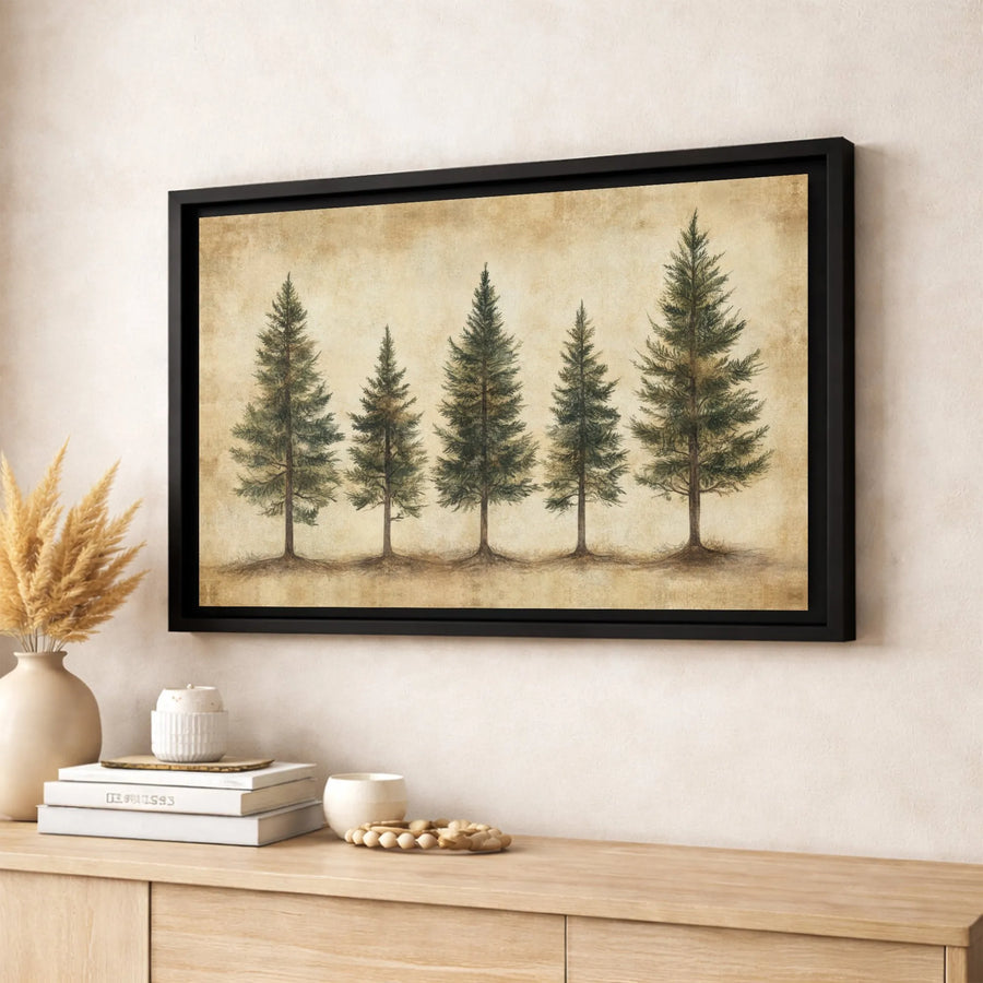 Pine Tree Canvas Wall Art | Rustic Vintage Forest Botanical Sketch | Premium Gallery Wrapped Decor | Nature Lover Gift