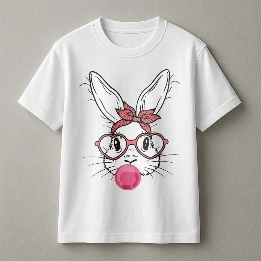 Easter Bunny T-Shirt | Cute Rabbit With Bubble Gum And Heart Glasses | Premium 100% Cotton Tee | Fun Spring Holiday Gift For Women And Kids
