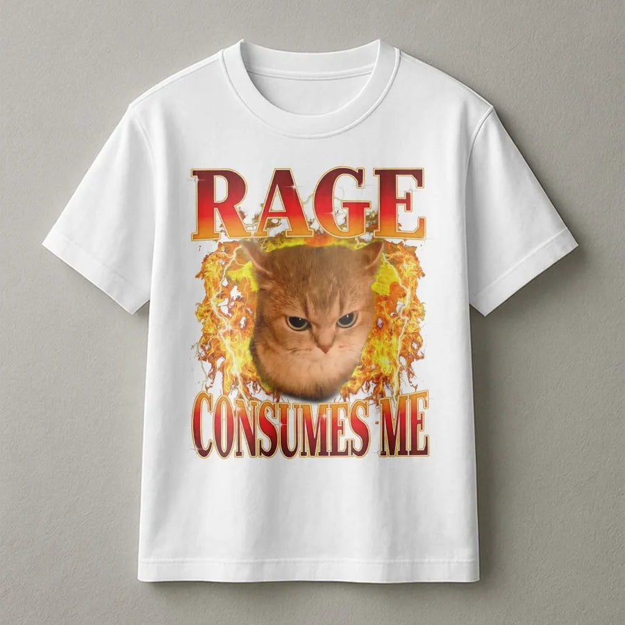 Angry Cat Graphic T-Shirt | Rage Consumes Me Flame Design | 100% Cotton Premium Unisex Tee | Funny Meme Gift for Cat Lovers