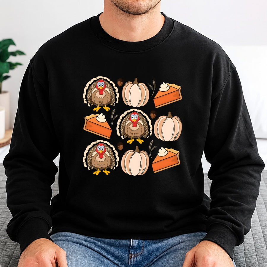 Thanksgiving Sweatshirt | Cute Turkey and Pumpkin Pie Graphic | Soft Cotton Blend Cozy Pullover | Festive Holiday Gift for Women and Men