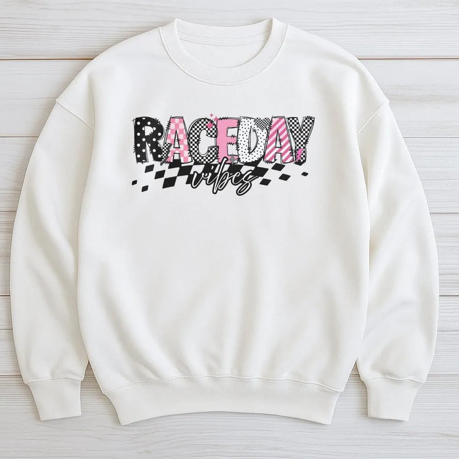 Race Day Vibes Sweatshirt | Checkered Flag Motorsport Graphic | Soft Crewneck Pullover | Gift for Racing Girl and Race Mom