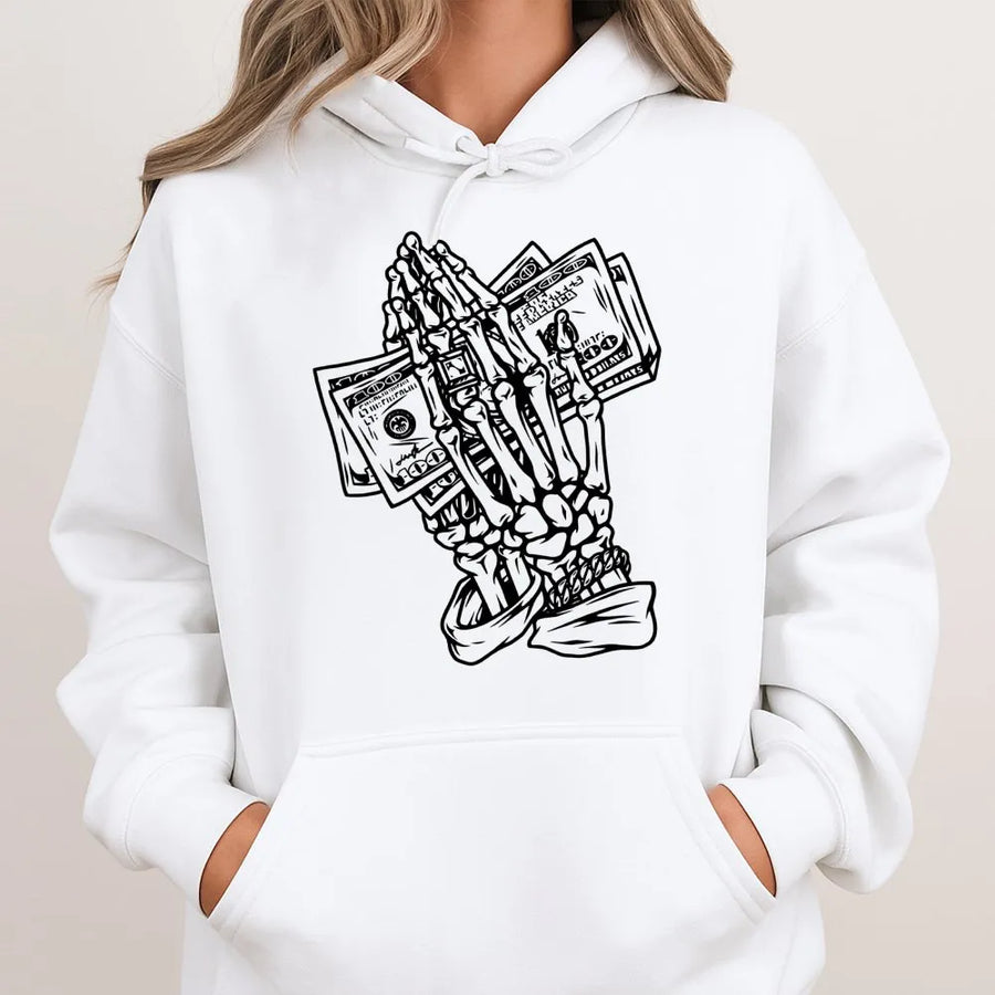 Skeleton Praying Hands Hoodie | Money Cash Graphic Streetwear | Premium Cotton Blend | Edgy Hip Hop Gift for Men and Women