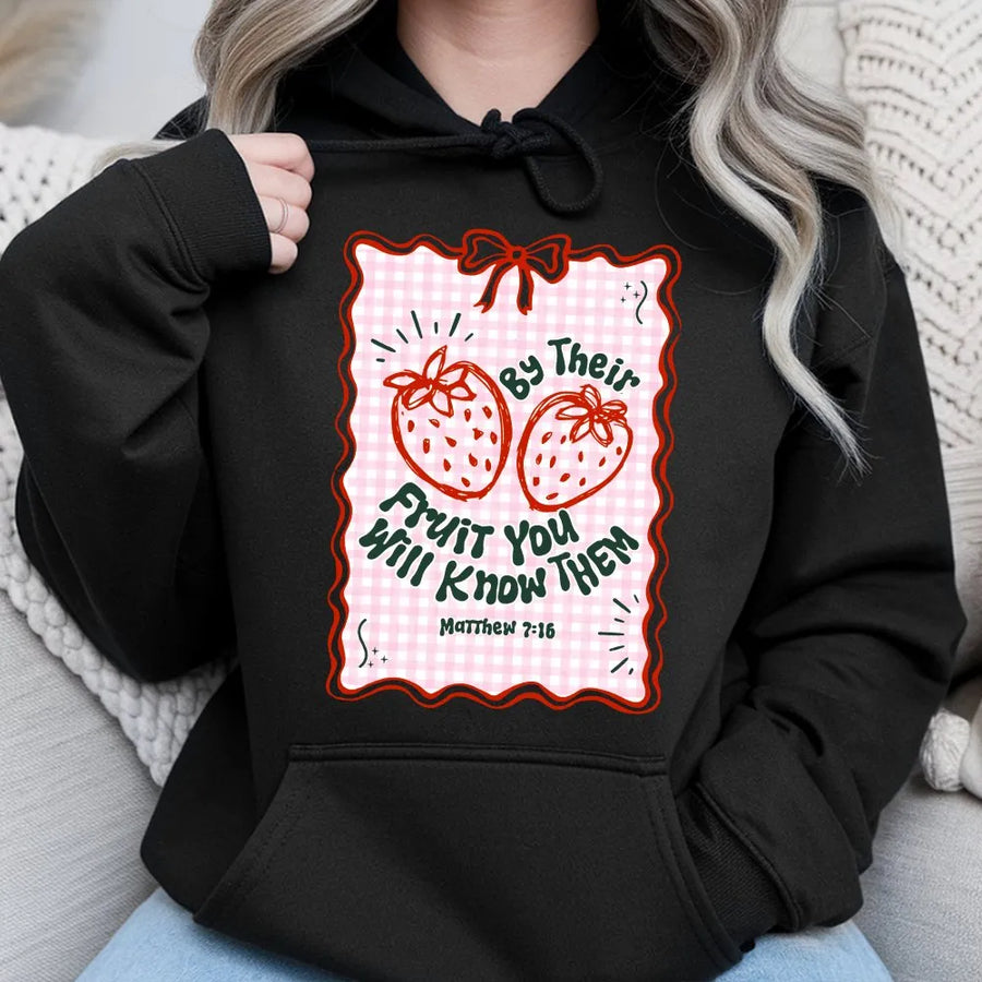 By Their Fruit You Will Know Them Hoodie | Cute Strawberry Christian Apparel | Soft Cotton Blend | Religious Gift for Her
