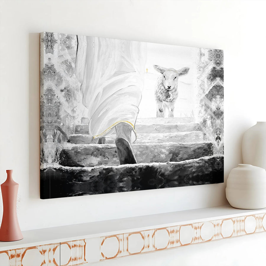 Jesus and Lamb Christian Horizontal Canvas | Good Shepherd & Lost Sheep Painting | Premium 1.25" Gallery Wrap Wall Art | Inspirational Religious Home Decor Gift