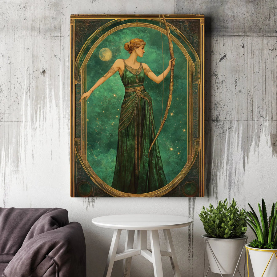Artemis Goddess Canvas Art | Art Nouveau Moon & Bow Aesthetic | Premium Gallery-Wrapped Print | Mythological Greek Decor for Home & Office