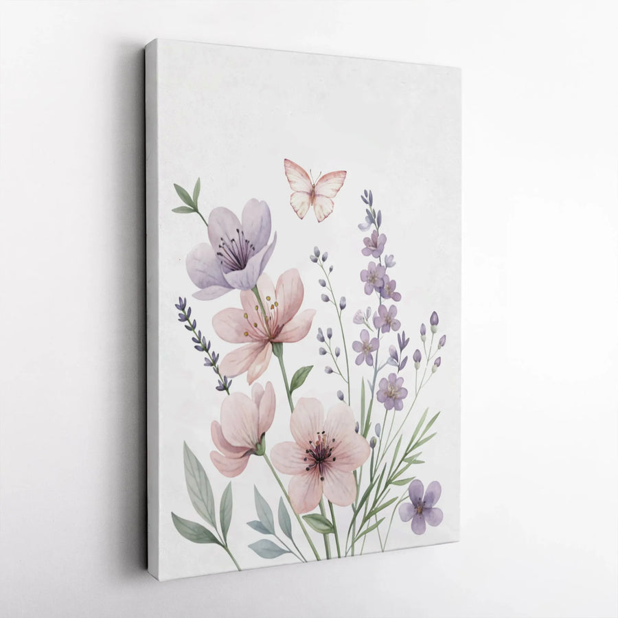 Watercolor Wildflower Canvas Print | Pink and Purple Floral Butterfly Wall Art | Premium Gallery Wrapped Decor | Botanical Living Room Gift