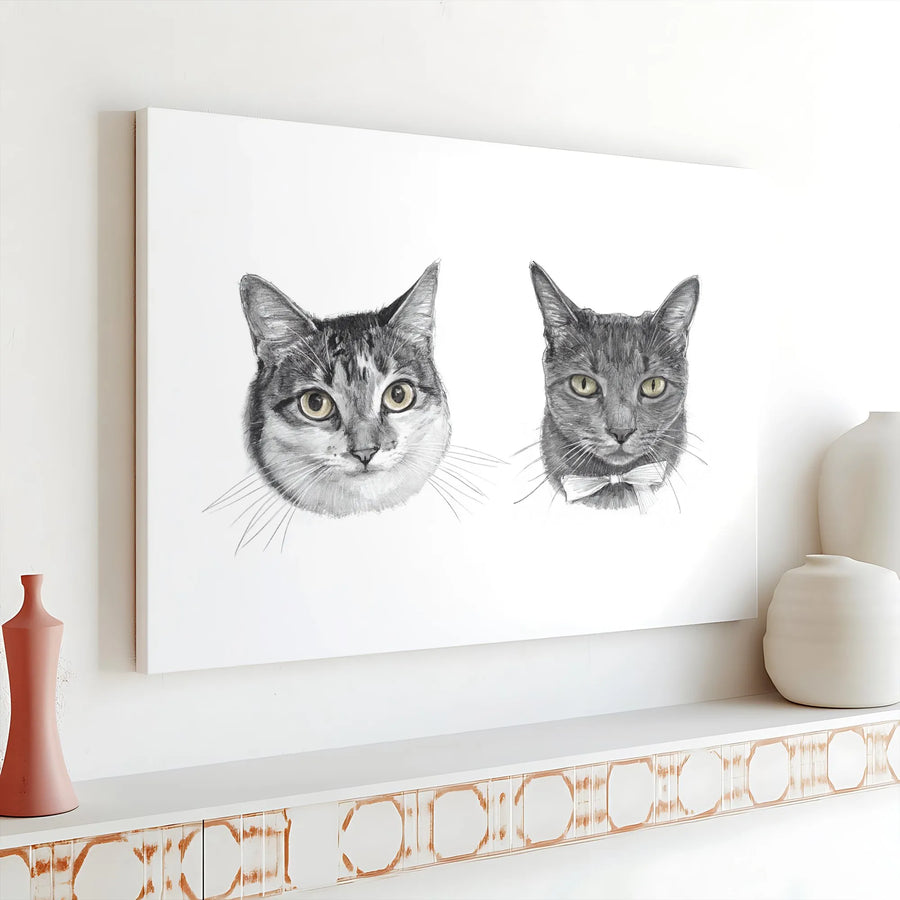 Cat Portrait Canvas Wall Art | Realistic Two Cat Pencil Sketch | Premium Gallery Wrap Canvas | Unique Gift for Cat Lover