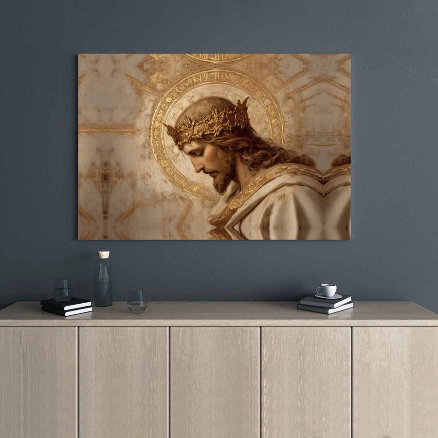 Jesus Portrait Canvas Print | Gold Crown And Halo Religious Wall Art | Premium Gallery Wrap | Christian Home Decor Gift