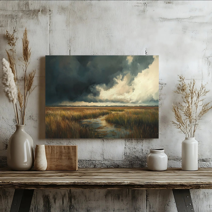 Stormy Marshland Oil Painting Canvas | Moody Winding Creek Landscape | Premium Gallery Wrap Wall Art | Rustic Nature Home Decor Gift