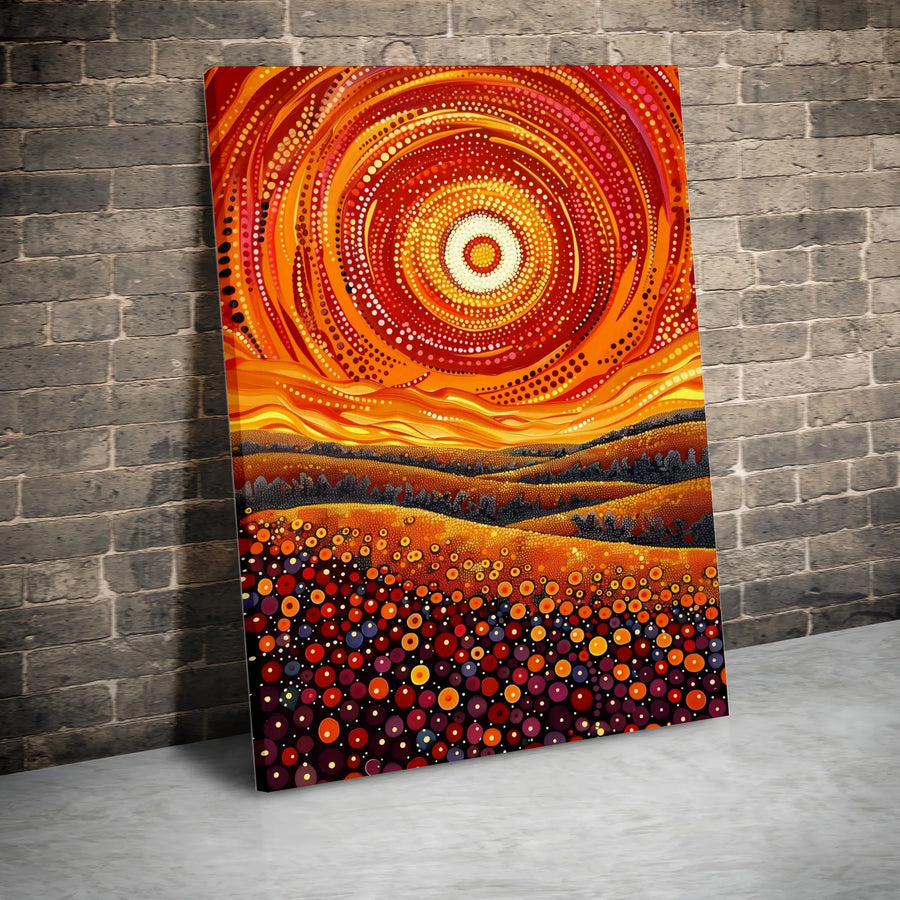Abstract Sun Canvas Print | Vibrant Pointillism Sunset Landscape | Premium Gallery Wrapped Canvas | Boho Living Room Decor Gift