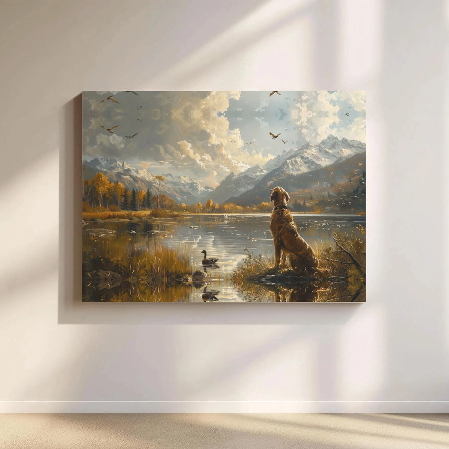 Golden Retriever Canvas Wall Art | Mountain Lake Hunting Scene | Premium Gallery Wrap Print | Nature & Dog Lover Home Decor Gift