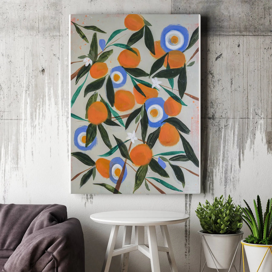 Abstract Orange Grove Vertical Canvas | Modern Botanical Fruit Painting | Premium Gallery Wrap Canvas | Kitchen Wall Decor Gift