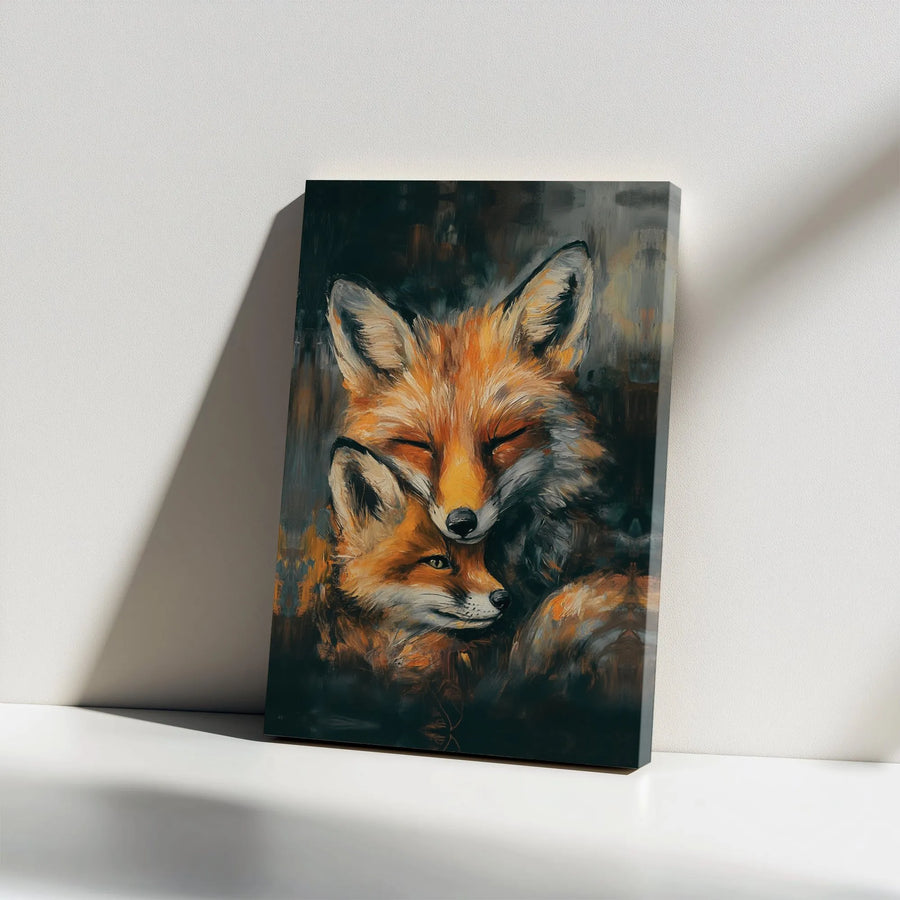 Fox Canvas Wall Art | Expressive Mother and Cub Painting | Premium Gallery Wrap Print | Woodland Nursery Decor Gift for Animal Lovers