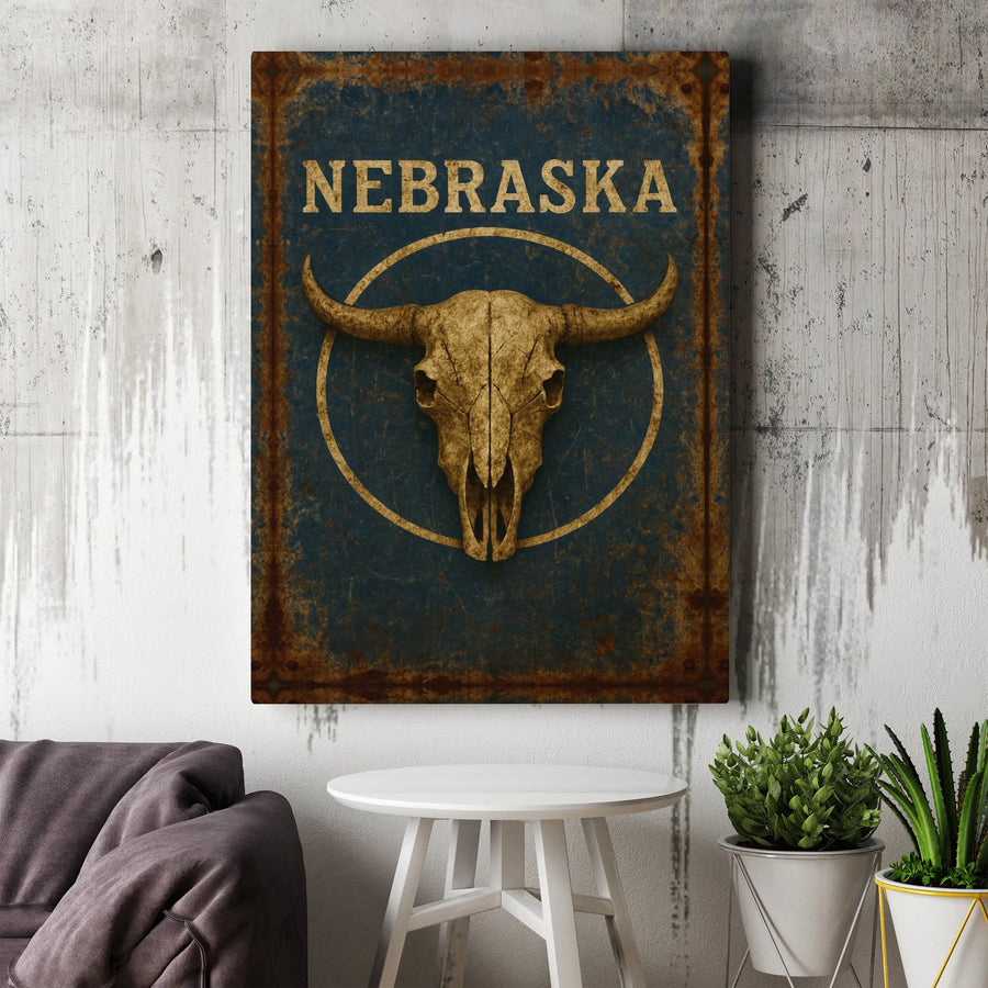Nebraska Bull Skull Wall Art | Vintage Longhorn & Rustic Western Style | Premium Gallery Wrapped Canvas | Man Cave & Home Decor Gift