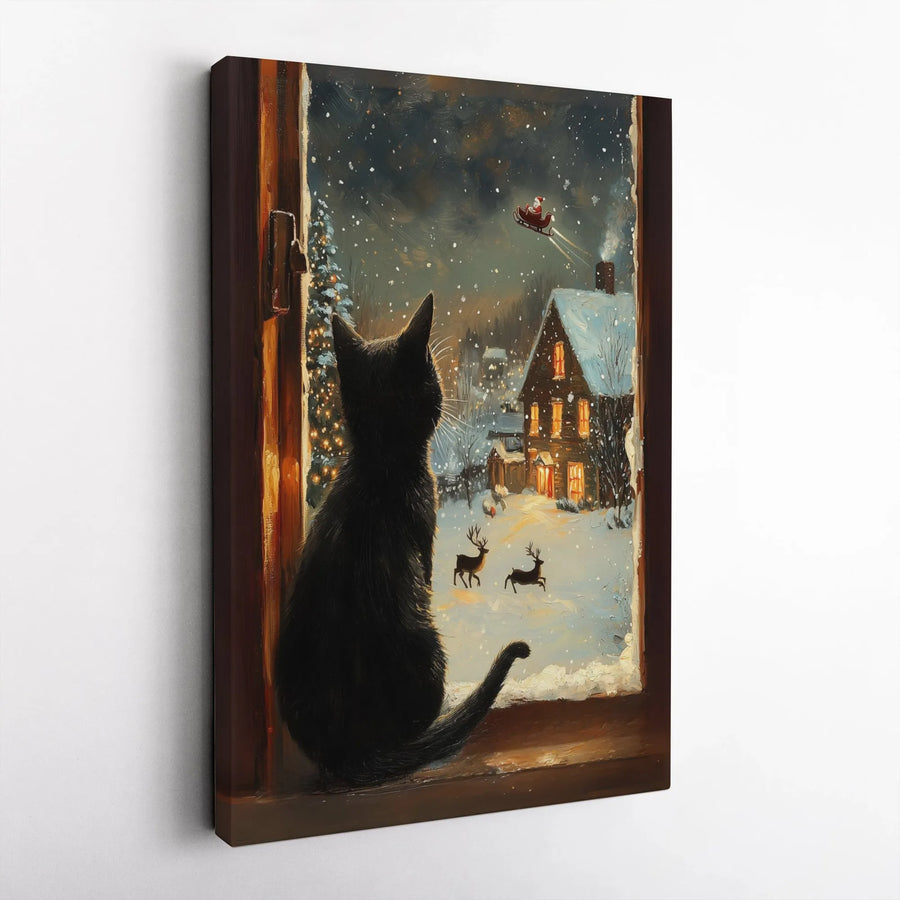 Black Cat Christmas Canvas Print | Watching Santa Sleigh Window View | Premium Gallery Wrap Decor | Holiday Wall Art Gift for Cat Lovers