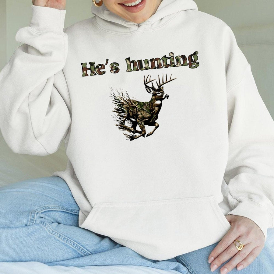 He's Hunting Deer Hoodie | Camo Buck Wildlife Graphic | Premium Cotton-Poly Blend | Outdoorsman Gift for Hunter