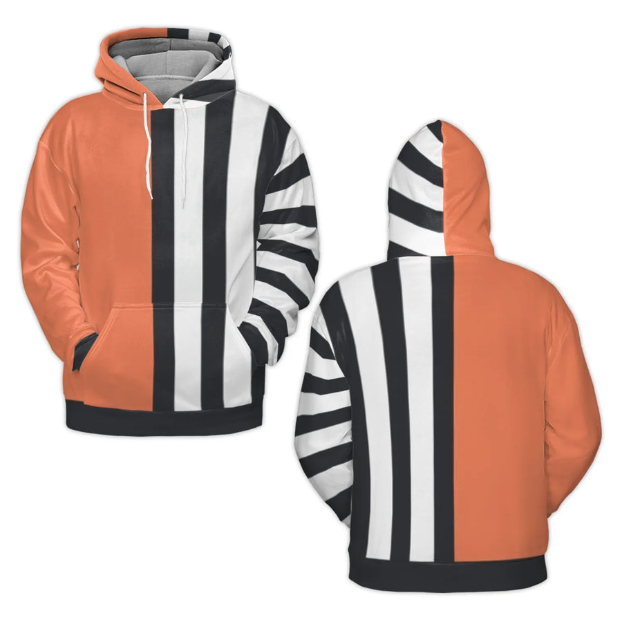 Orange and Black Striped Hoodie | Geometric Split Design | Soft Polyester Brushed Fleece | Unisex Modern Casual Streetwear Gift
