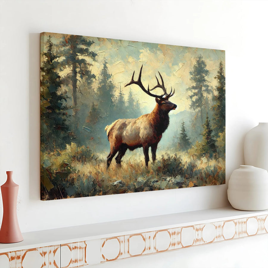 Majestic Elk Canvas Wall Art | Impressionist Forest Wildlife Painting | Premium Gallery Wrapped Decor | Nature Lover Gift for Cabin Home