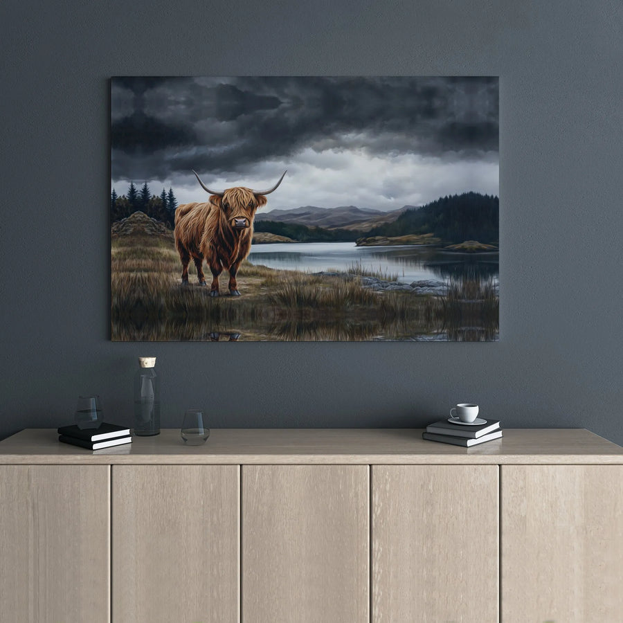 Highland Cow Canvas Wall Art | Stormy Scottish Loch Landscape | Premium Gallery Wrap Print | Rustic Farmhouse Home Decor Gift