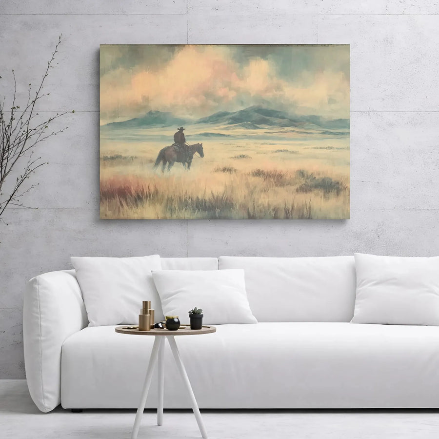 Lone Cowboy Canvas Wall Art | Western Landscape Painting | Premium Gallery Wrapped Print | Rustic Home Decor Gift for Him