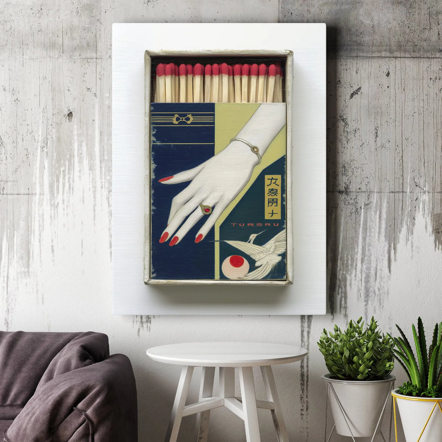 Vintage Japanese Matchbox Art Canvas | Retro Crane and Hand Illustration | 1.25-Inch Gallery Wrap Print | Unique Eclectic Home Decor Gift