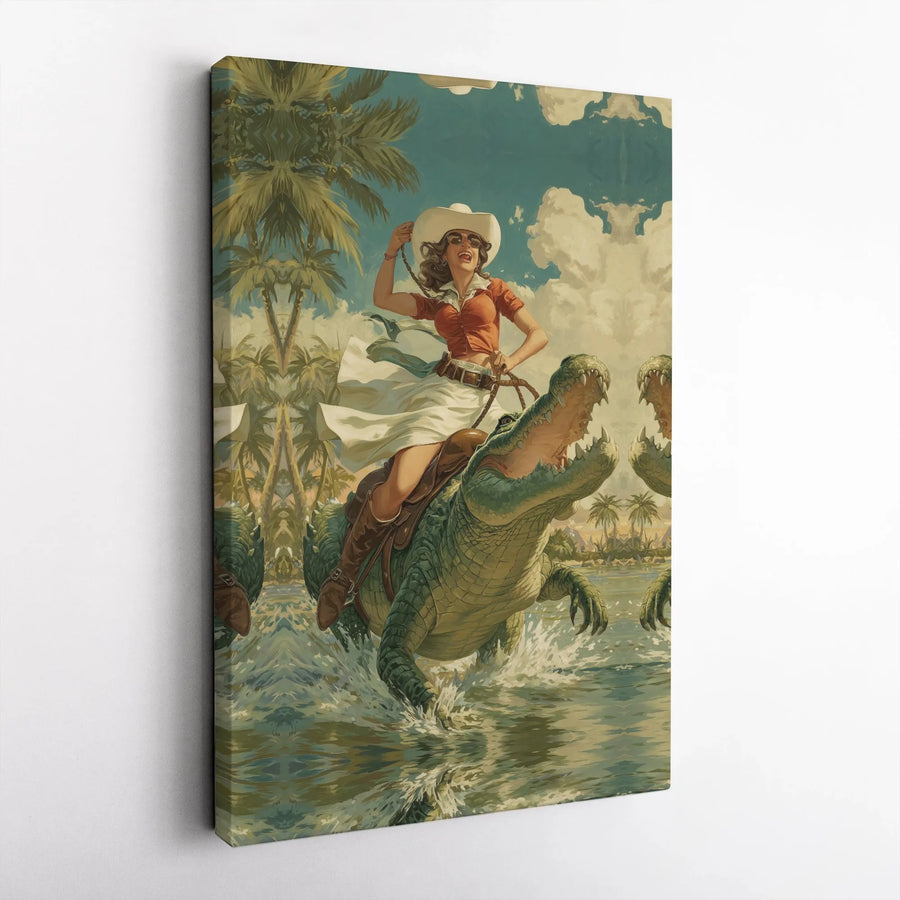 Retro Cowgirl Riding Alligator Vertical Canvas | Vintage Florida Kitsch Swamp Art Poster | Premium 1.25 Inch Gallery Wrap | Quirky Housewarming Gift for Home Decor