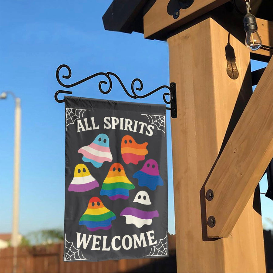 LGBTQ Pride Halloween Garden Flag | All Spirits Welcome Ghost Design | Weather-Resistant Polyester | Inclusive Yard Decor & Outdoor Gift
