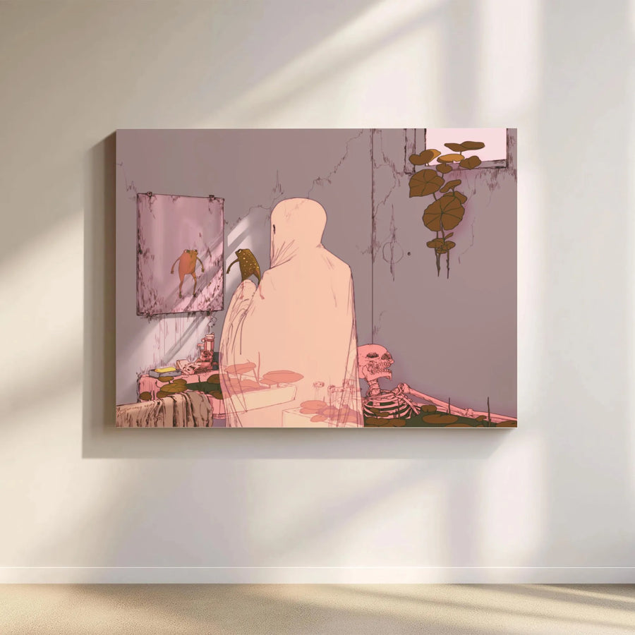 Surreal Ghost and Frog Canvas Print | Anime Sketch Macabre Art | Premium Gallery Wrapped Canvas | Dark Academia Room Decor Gift