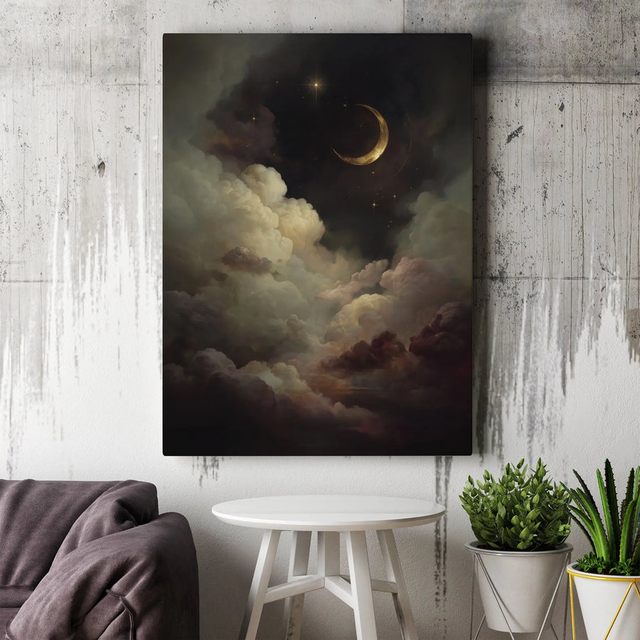 Golden Crescent Moon Canvas Print | Celestial Cloudy Night Sky Wall Art | 1.25” Gallery Wrap | Moody Aesthetic Decor For Bedroom Or Office