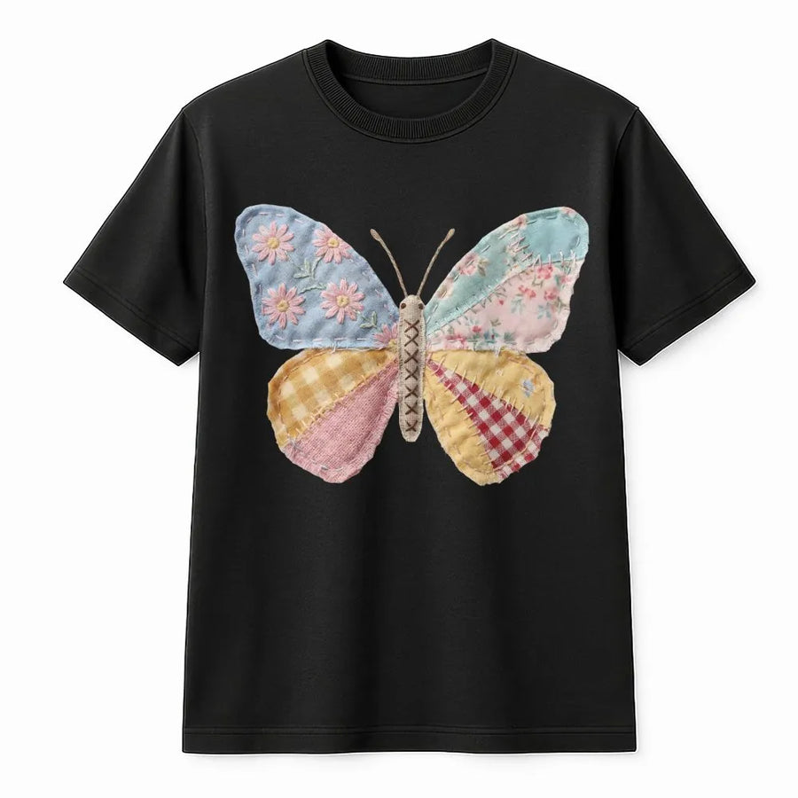 Patchwork Butterfly T-Shirt | Faux Quilt Style Graphic Tee | Soft Cotton Shirt | Cottagecore Spring Gift for Women