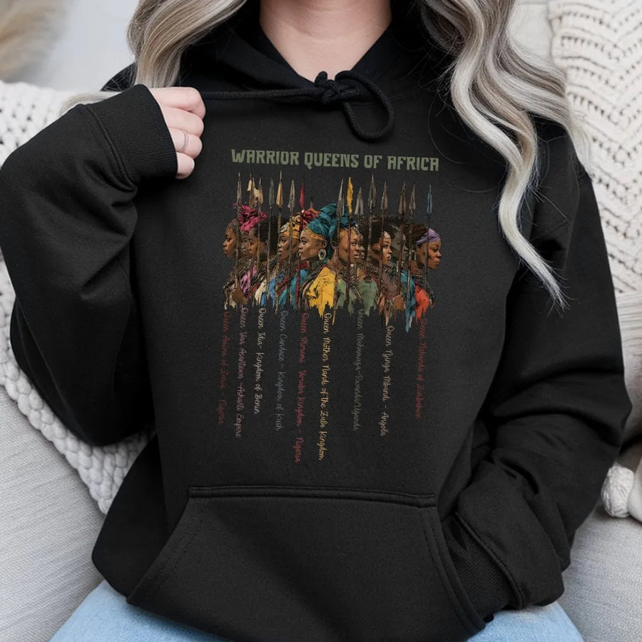 Warrior Queens of Africa Hoodie | Black History Month Graphic Sweatshirt | Premium Cotton Blend Pullover | Gift for Black Women