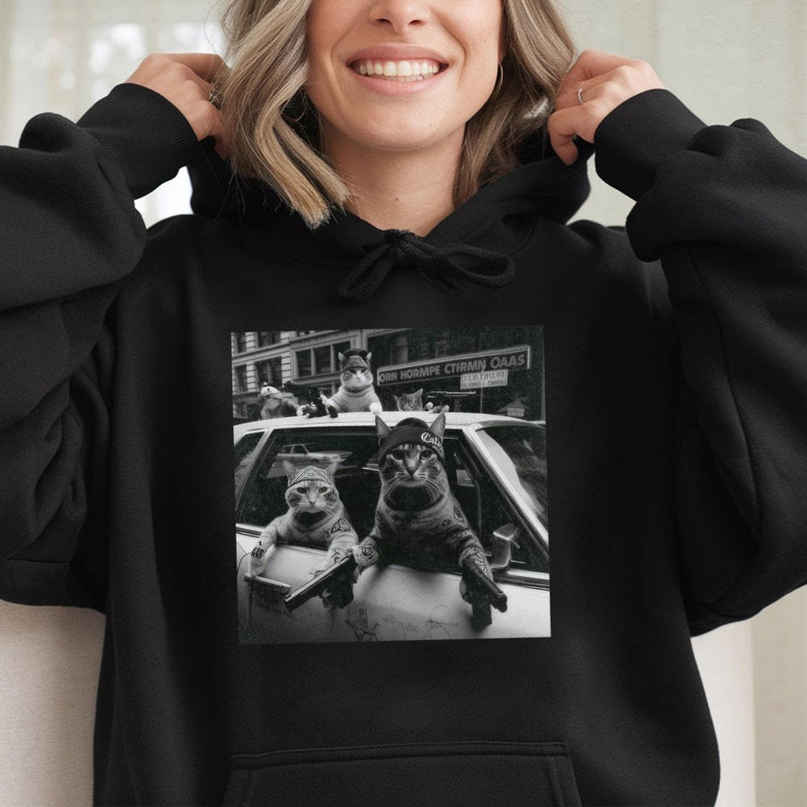 Funny Cat Gang Hoodie | Retro Urban Kitten Meme Graphic | Premium Cotton Blend Pullover | Unisex Streetwear Gift for Cat Lovers