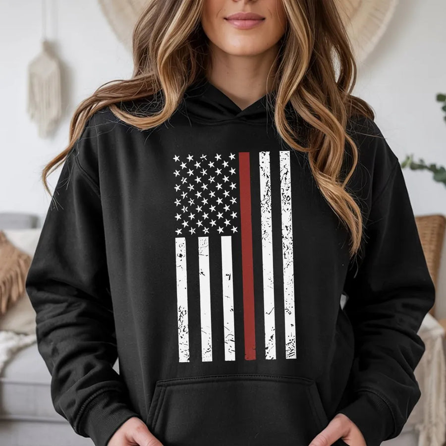 Firefighter Hoodie | Distressed Thin Red Line American Flag Graphic | Cotton-Poly Blend | Premium Gift for Fireman and First Responders