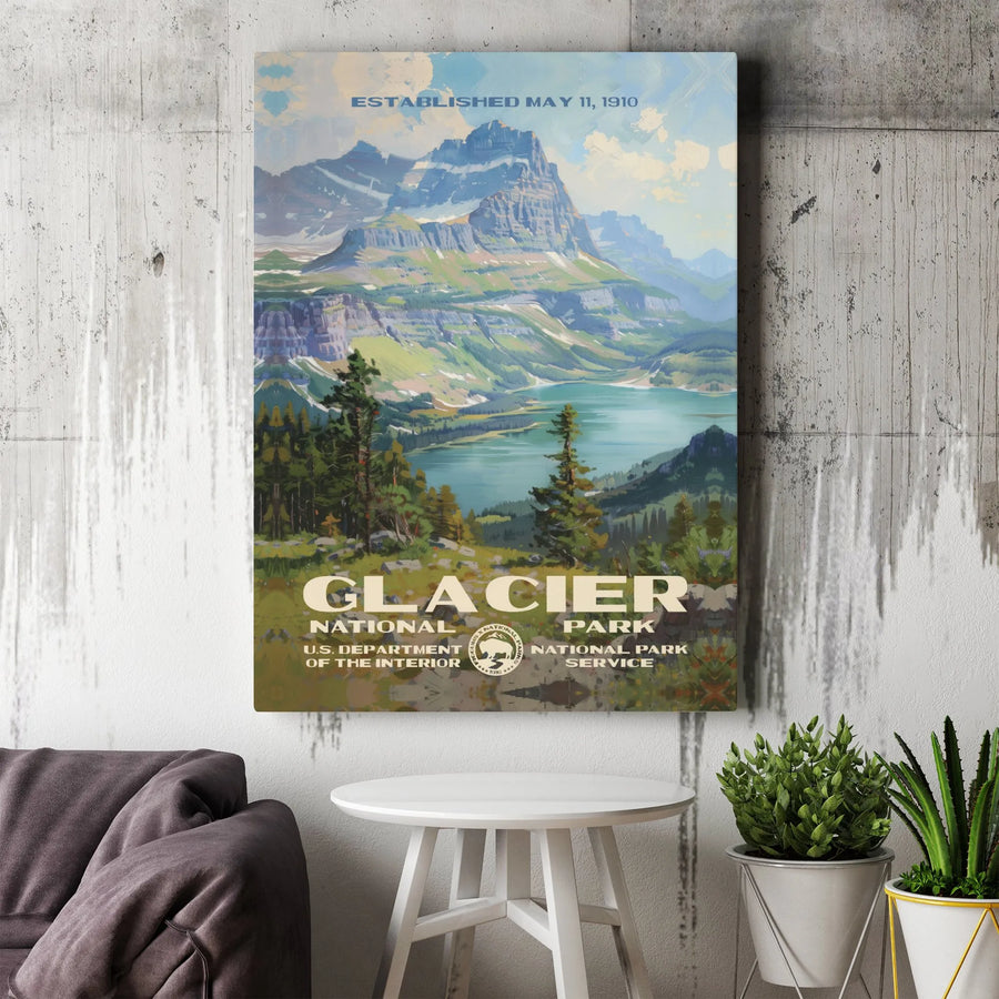 Glacier National Park Travel Poster | Vintage Montana Mountain Landscape Art | Premium Gallery Wrapped Canvas | National Park Gift for Hikers