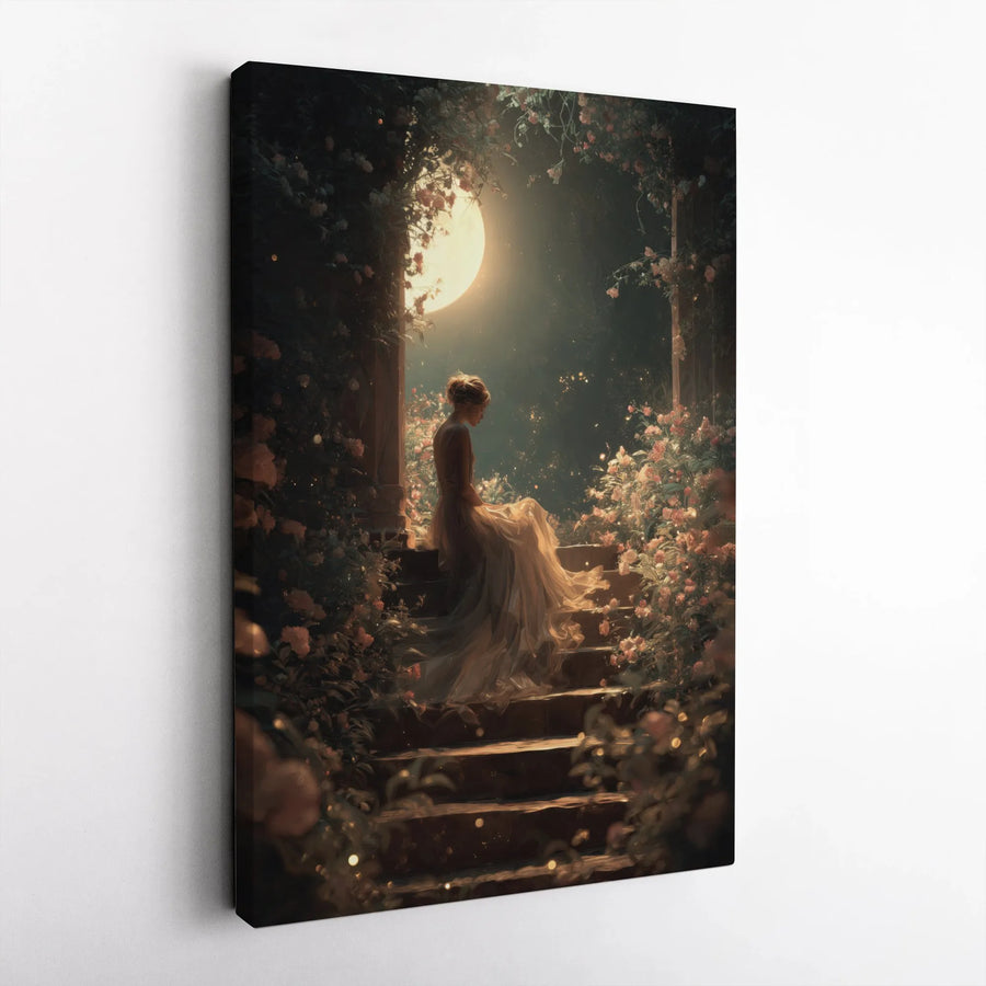 Enchanted Moonlit Garden Canvas Art | Ethereal Woman In Gown Illustration | Premium Gallery Wrap Wall Decor | Dreamy Fantasy Bedroom Wall Art Gift