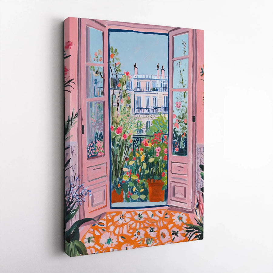 Parisian Window View Canvas | Colorful Balcony Garden Print | Premium Gallery Wrapped Wall Art | Boho Chic Home Decor Gift